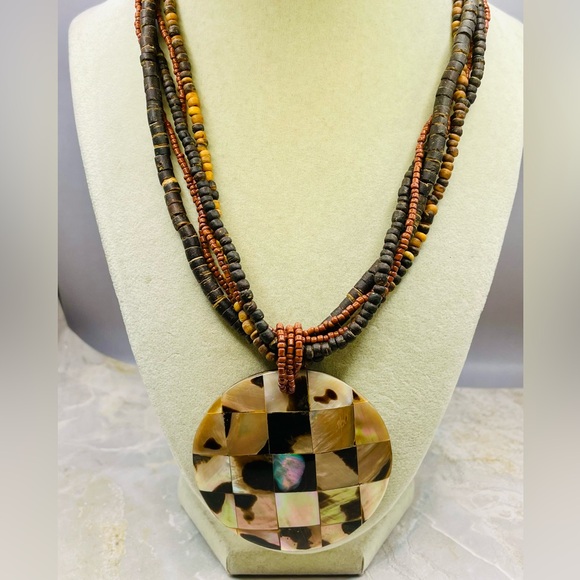 Multicolor Multi Strand Wood Beaded Necklace with Mosaic Mother of Pearl Pendant - Picture 2 of 7